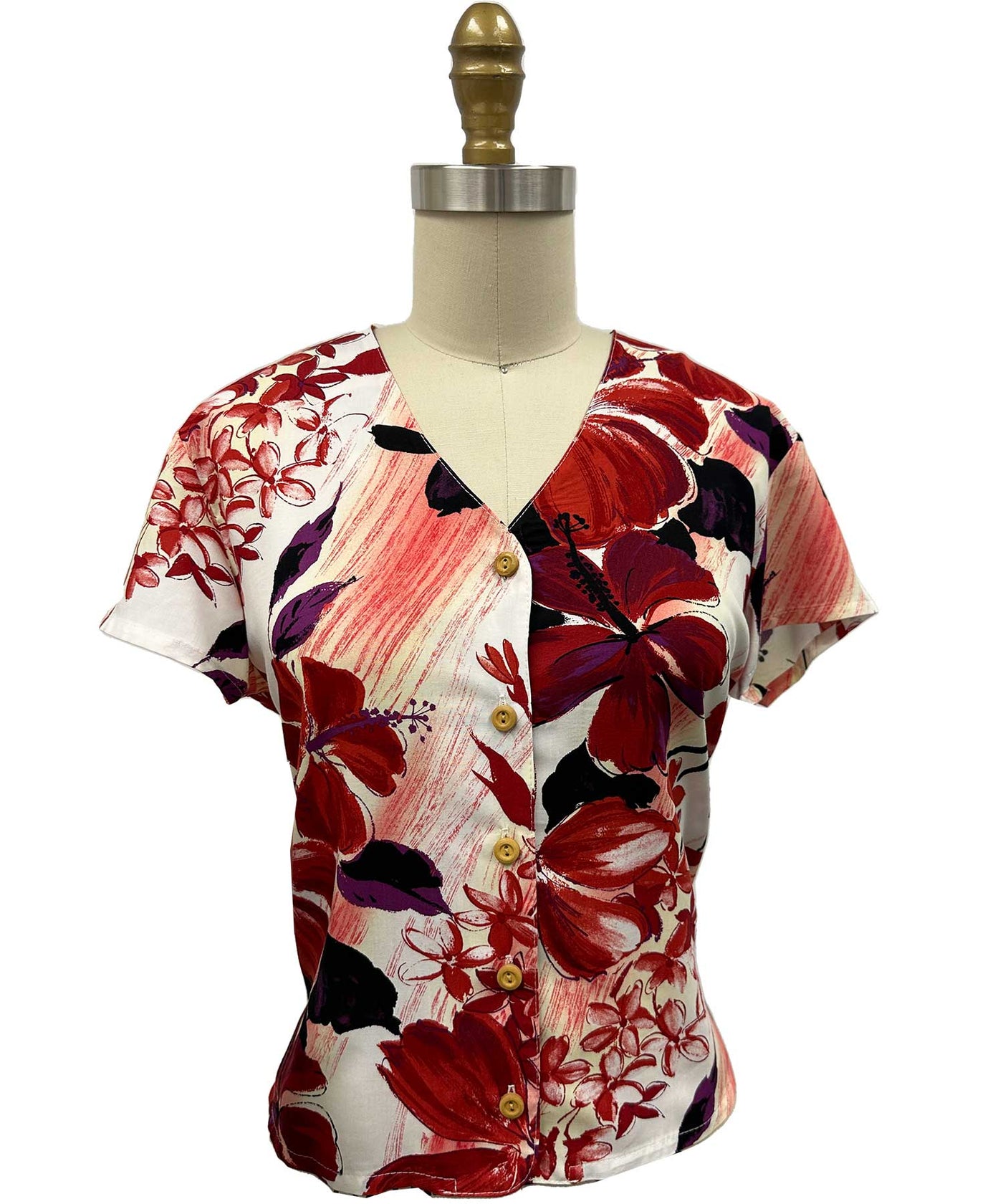 Watercolor Hibiscus Red V-Neck Blouse