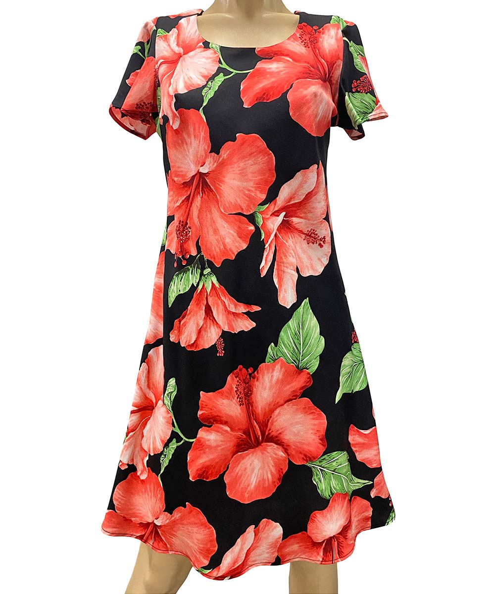 Hibiscus Blossom Black A-Line Dress with Cap Sleeves