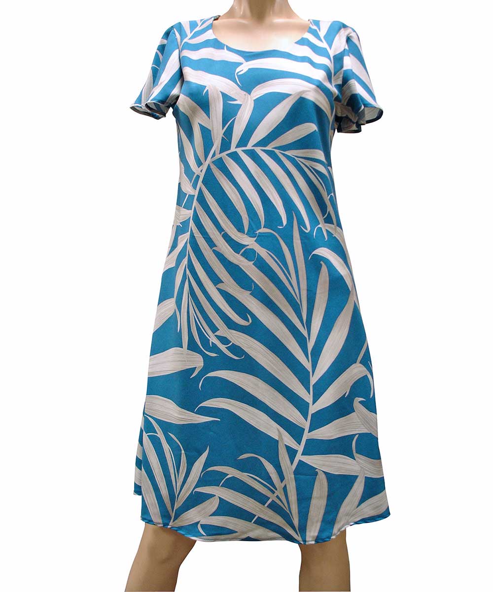 Palm Fronds Blue A-Line Dress with Cap Sleeves
