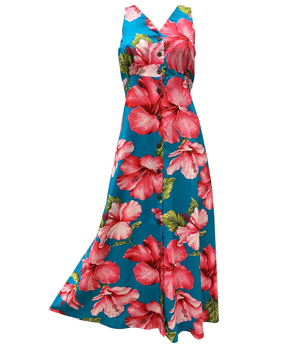 Hibiscus Blossom Teal Button Front Tank Dress