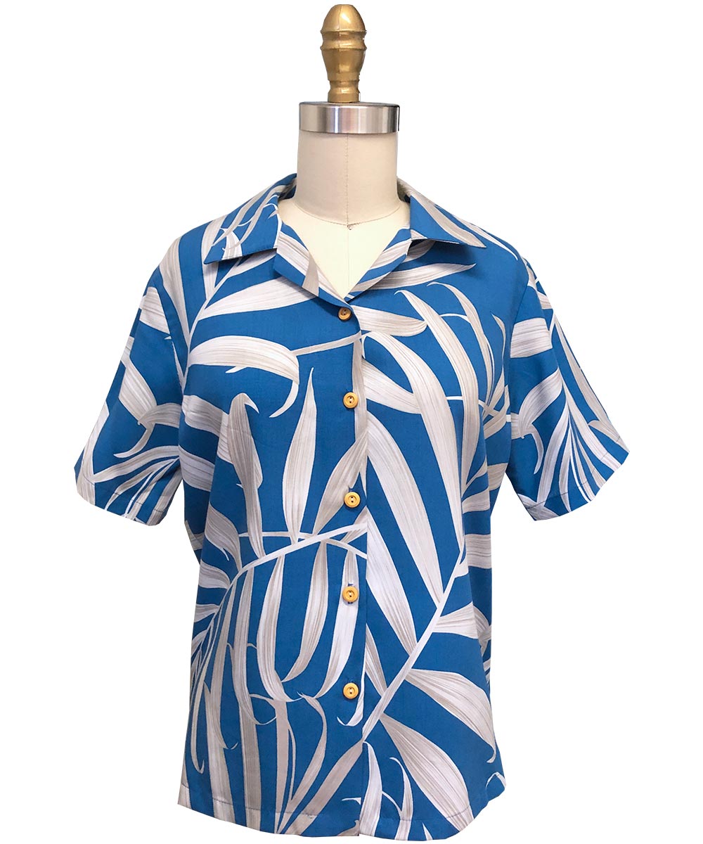 Women's Palm Fronds Blue Camp Shirt