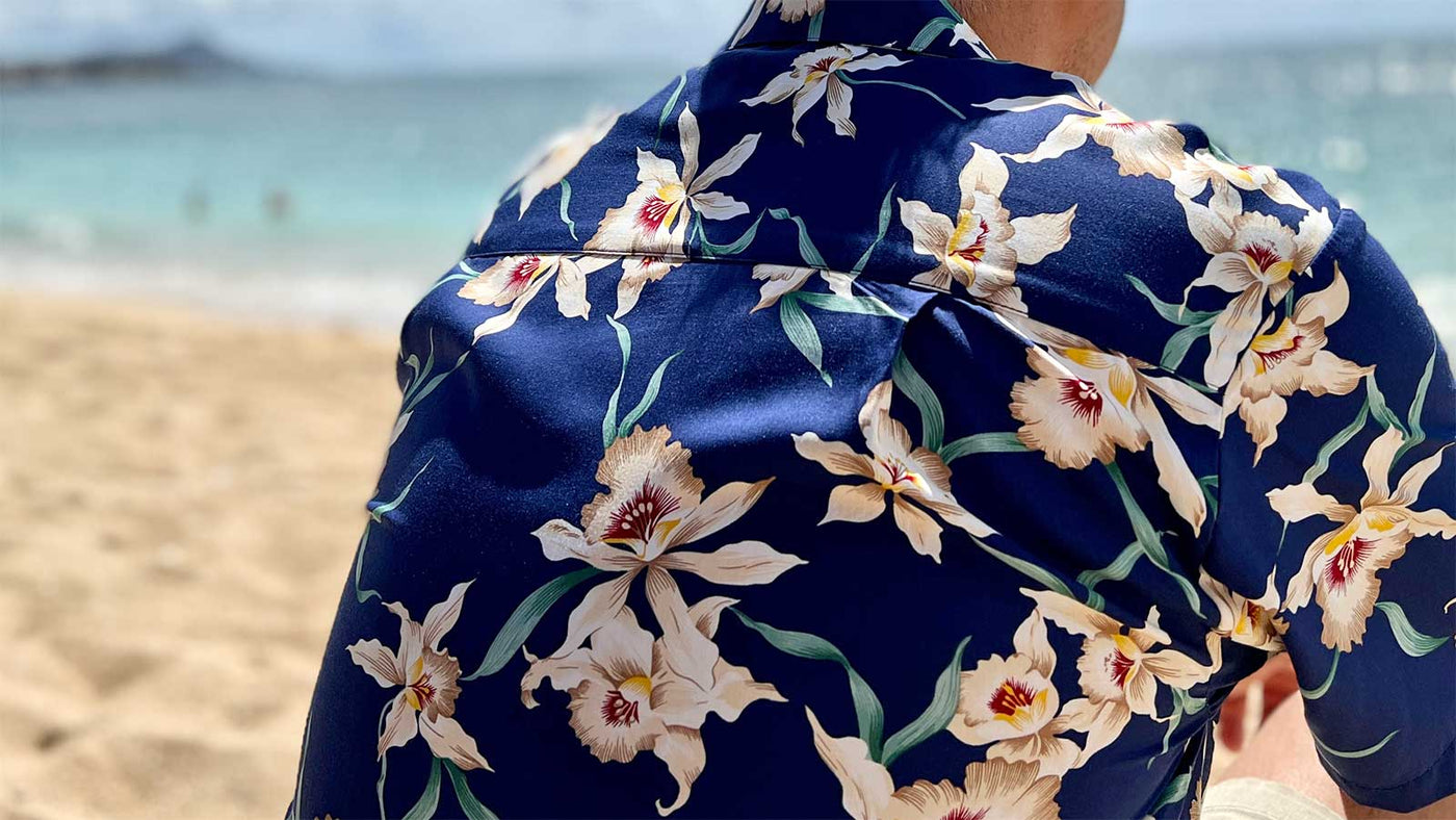 Star Orchid Aloha Shirt in new navy color