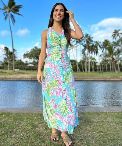 Cabana Palms Aqua Button Front Long Dress