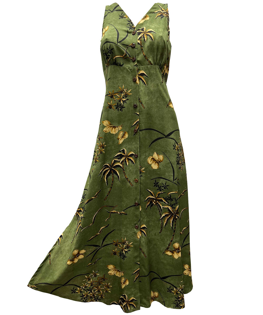 Retro Oasis Palms Moss Button Front Tank Dress Medium By Paradise Found Retro Oasis Palms Moss Button Front Tank Dress Medium By Paradise Found
