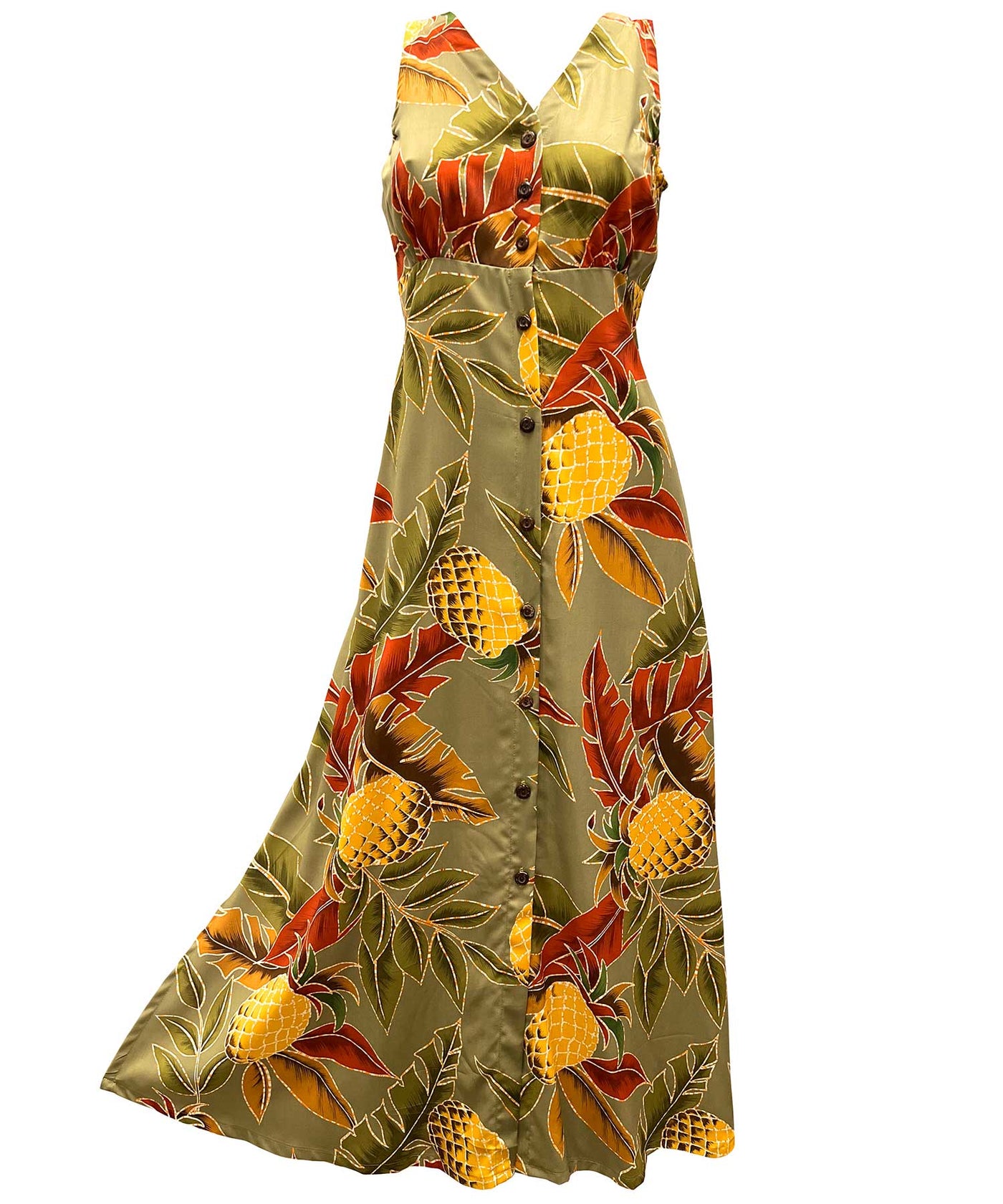 Retro Pineapple Olive Button Front Tank Dress