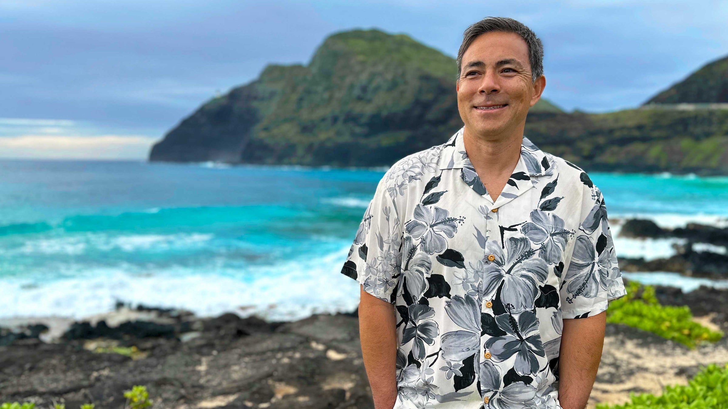 Men's Watercolor Hibiscus Gray Hawaiian Shirt by Paradise Found