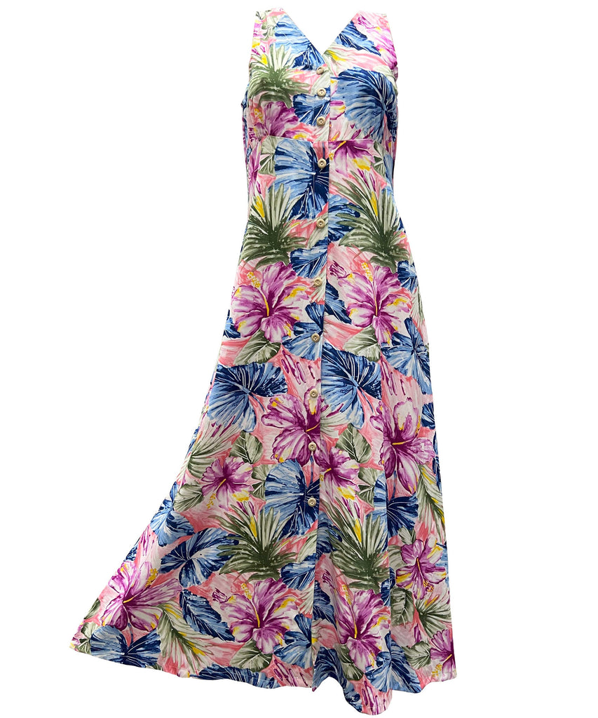 Painted Hibiscus Coral Button Front Tank Dress XS – By Paradise Found
