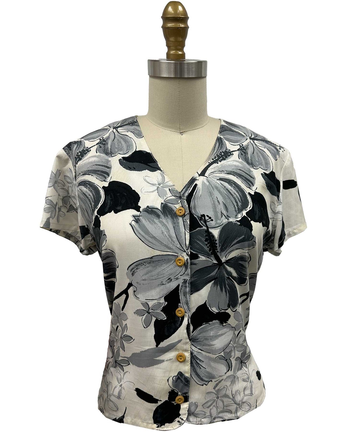 Watercolor Hibiscus Gray V-Neck Blouse