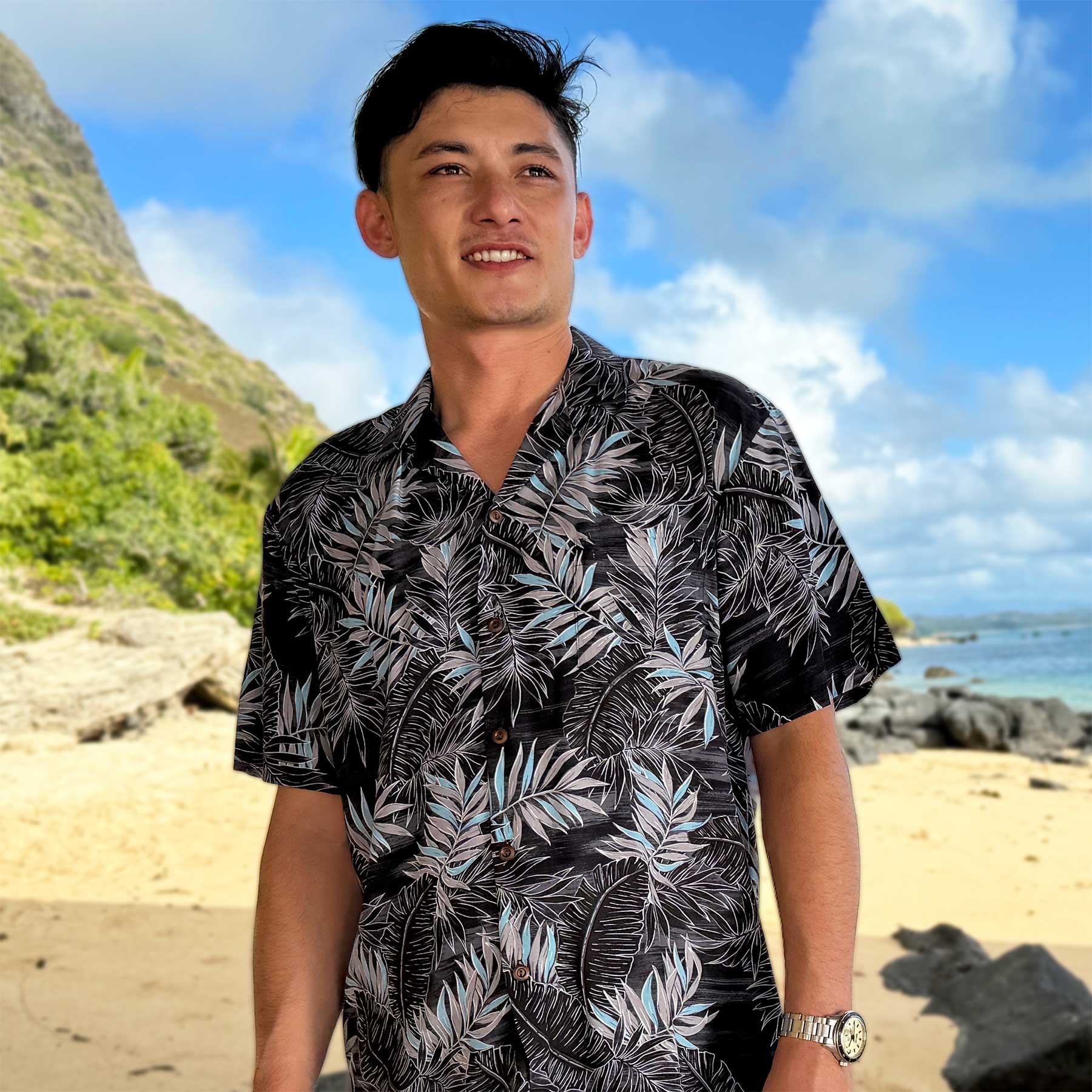 Tim 　ANATOMICA HAWAIIAN SHIRTS BLACK Midnight Palm Black Hawaiian Shirt – Paradise Found