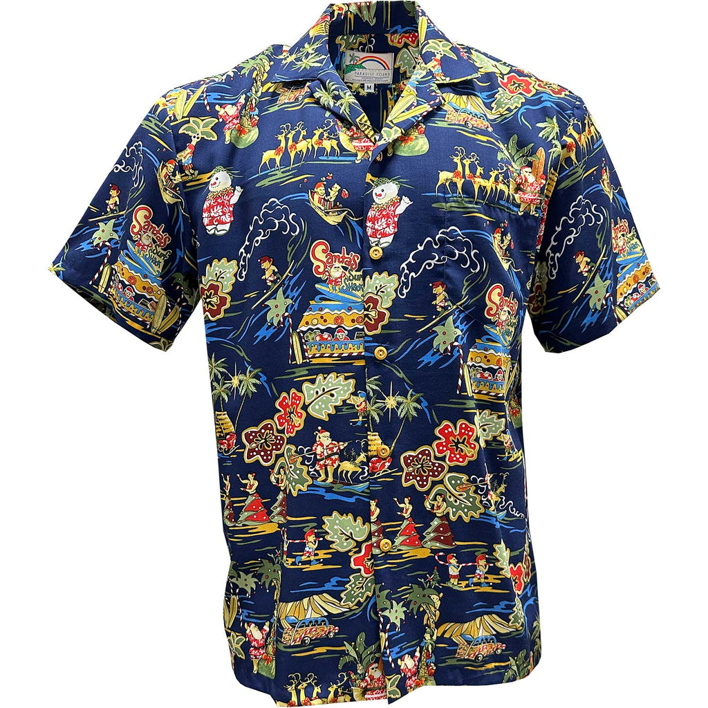 Santa's Surf Shack Mens Hawaiian Christmas Shirt in Navy 2XL / Navy