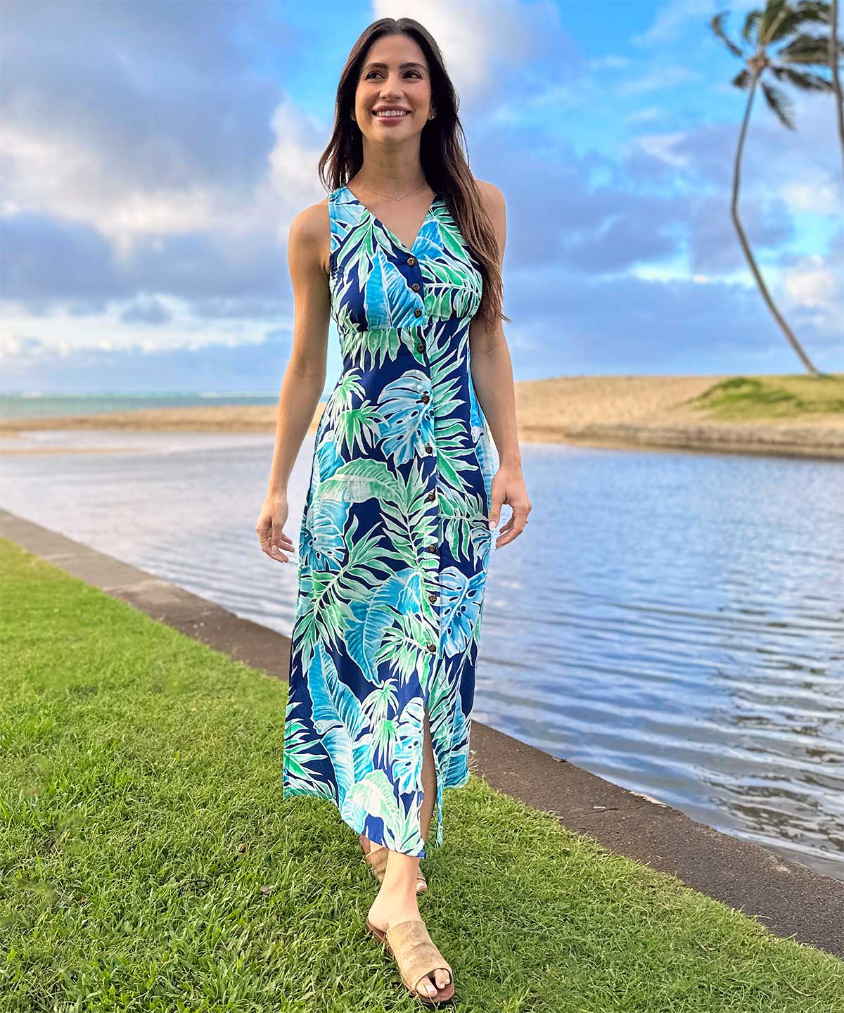 Cabana Palms Button Front Long Dress in Navy by Paradise Found
