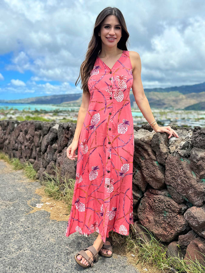 Retro Pineapple Bamboo Coral Button Front Tank Dress