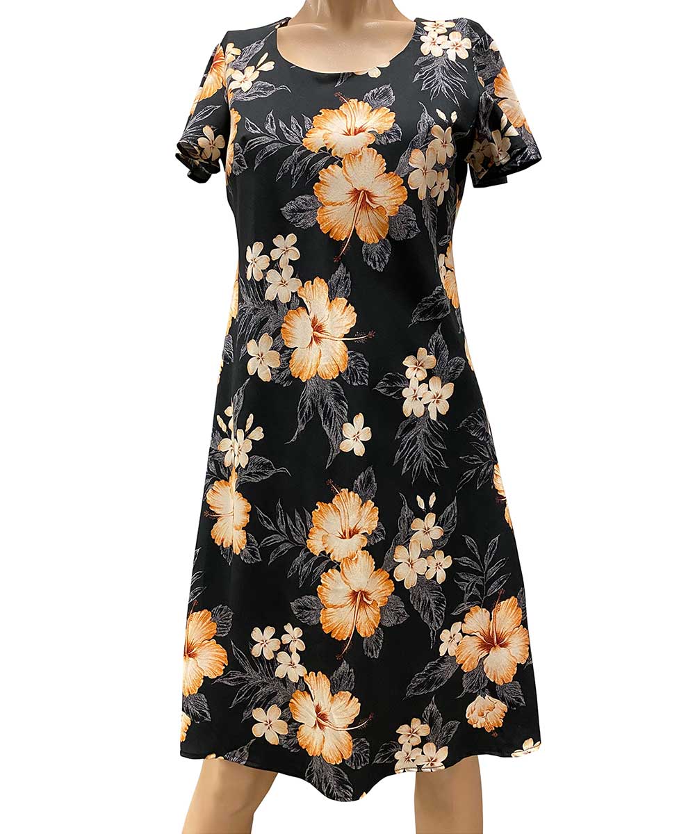 Hibiscus Garden Black A-Line Dress with Cap Sleeves