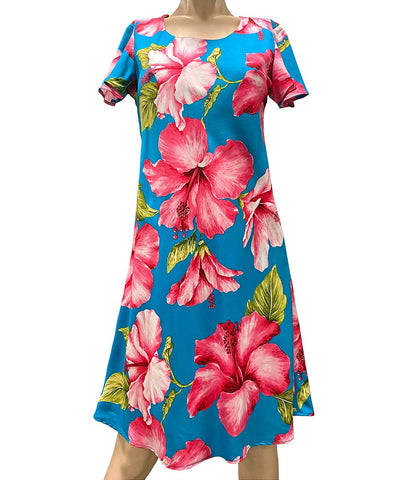 Hibiscus Blossom Teal A-Line Dress with Cap Sleeves