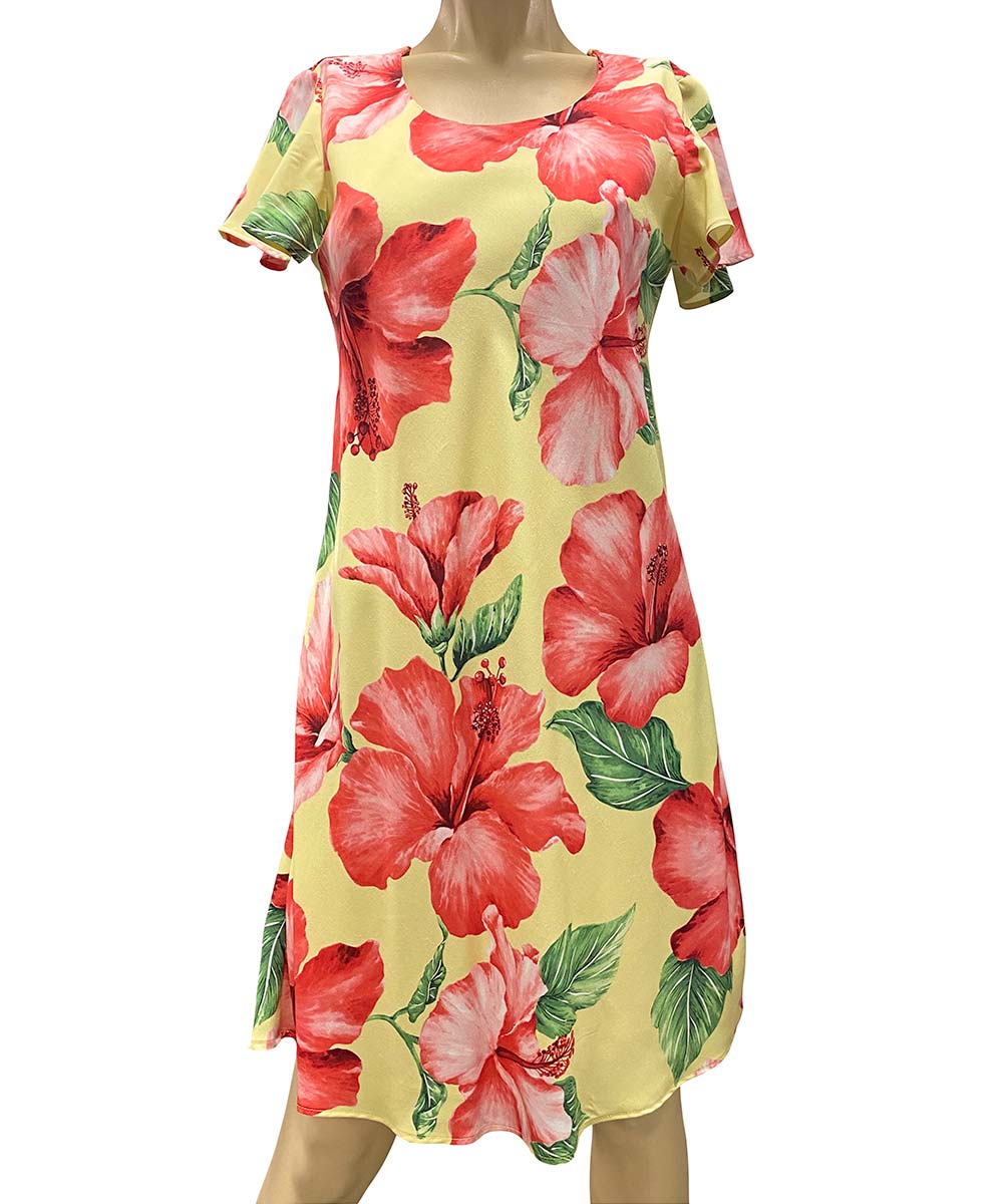 Hibiscus Blossom Yellow A-Line Dress with Cap Sleeves