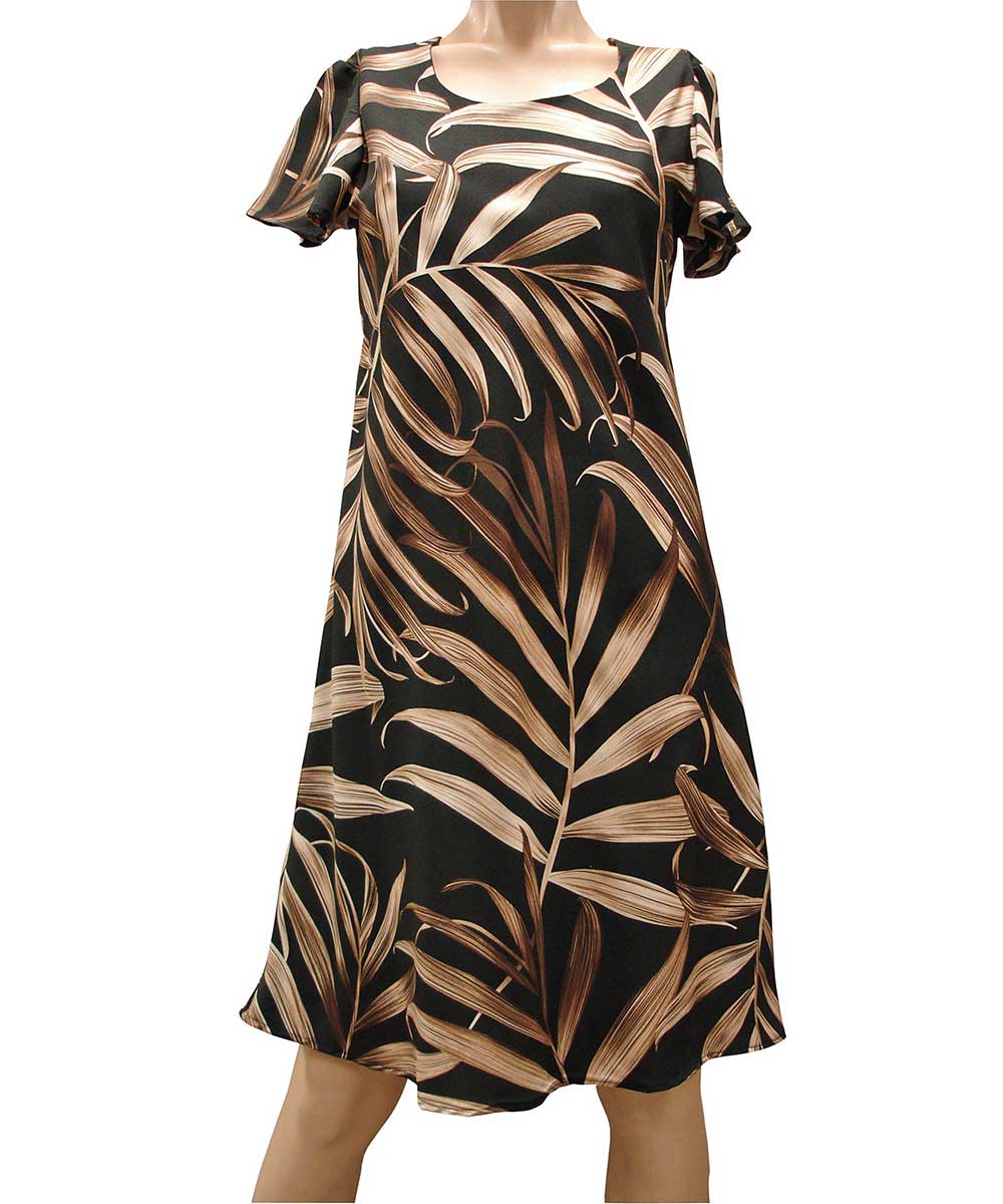 Palm Fronds Black A-Line Dress with Cap Sleeves