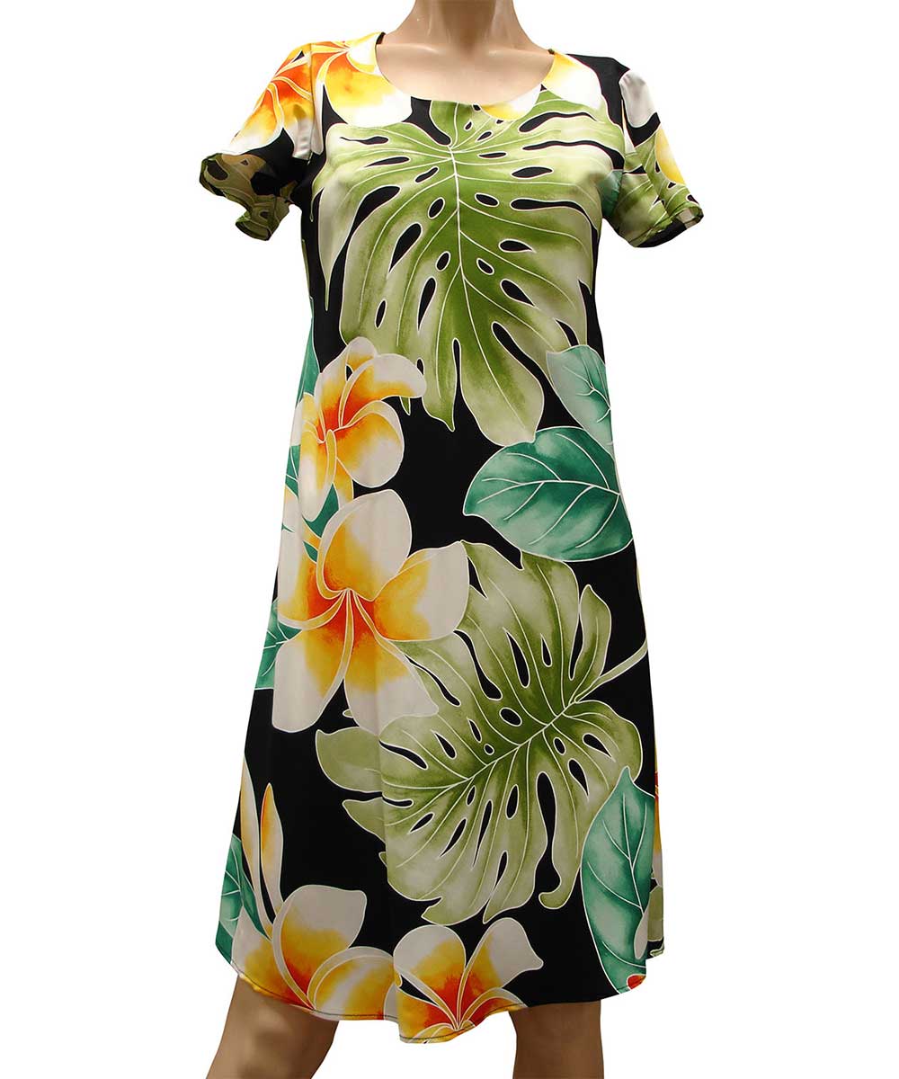 Plumeria Beauty Black A-Line Dress with Cap Sleeves