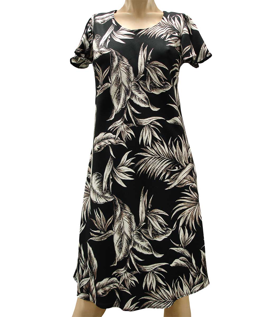 Tropical Paradise Black A-Line Dress with Cap Sleeves