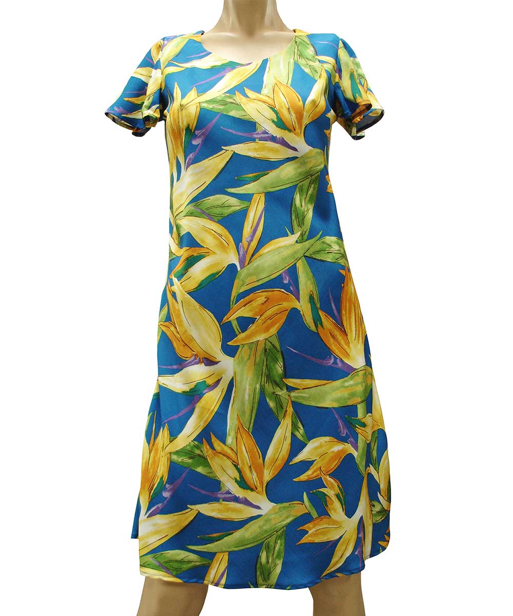 Watercolor Paradise Blue A-Line Dress with Cap Sleeves