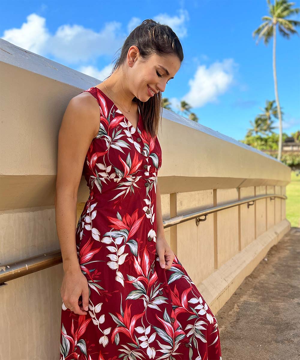 Heliconia Paradise Red Button Front Tank Dress