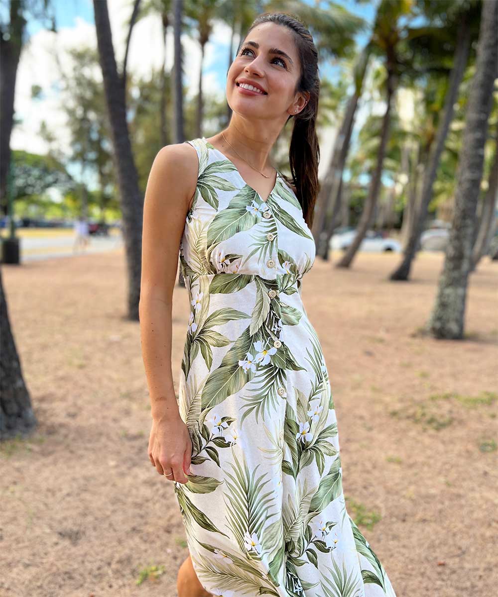 White Ginger Khaki Button Front Tank Dress