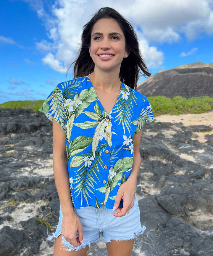 White Ginger Blue V-Neck Blouse