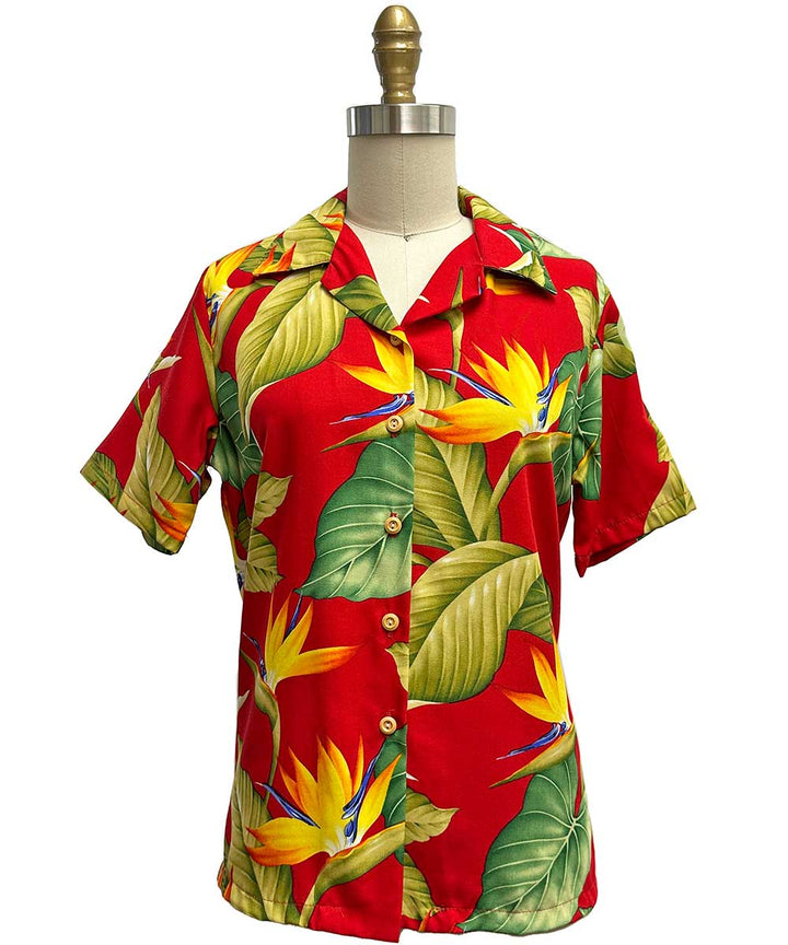 Women's Airbrush Bird of Paradise Red Camp Shirt