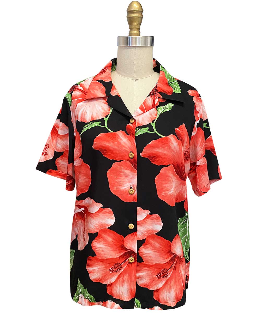 Women's Hibiscus Blossom Black Camp Shirt