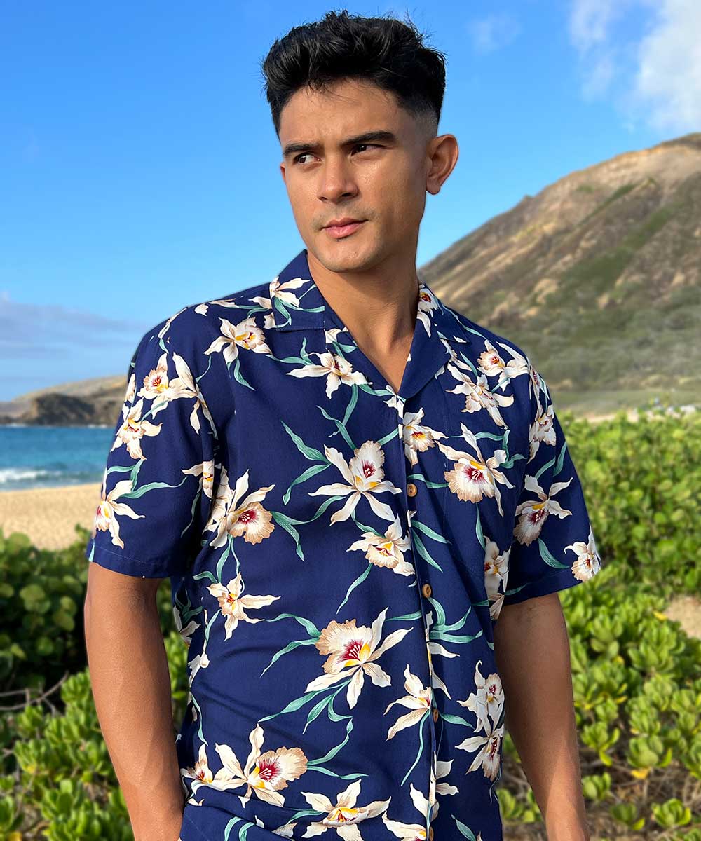 Men's Star Orchid Navy Hawaiian Shirt by Paradise Found
